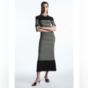 COS Black & Cream Striped Knit Midi Dress XS